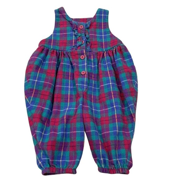 Vintage Oshkosh USA Bubble Romper Plaid Flannel Pink Green Ruffle Overalls 3-6 m